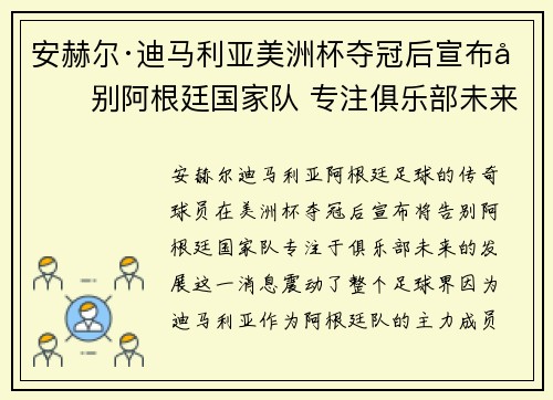 安赫尔·迪马利亚美洲杯夺冠后宣布告别阿根廷国家队 专注俱乐部未来
